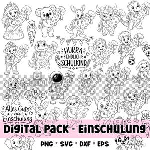Könnte beinhalten: Schwarz-weißes digitales Paket mit Cartoon-Charakteren wie einer Prinzessin, einem Koala und einem Astronauten, die alle Schultüten halten. Der Text enthält "HURRA ENDLICH SCHULKIND" und "Alles Gute zur Einschulung". Formate: PNG, SVG, DXF, EPS.