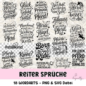 Könnte beinhalten: Eine Sammlung von 18 schwarz-weißen Wortkunst-Designs mit Pferdemotiven. Die Designs enthalten Sätze wie "Born to Ride" und "Horse Girl" in verschiedenen Schriftarten und Stilen. Der Text "Reiter Sprüche" ist ebenfalls vorhanden.