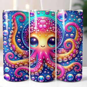 Könnte beinhalten: Ein Edelstahlbecher mit einer farbenfrohen Illustration eines Oktopus mit großen Augen und rosa und gelben Tentakeln, umgeben von blauen und violetten Blasen.