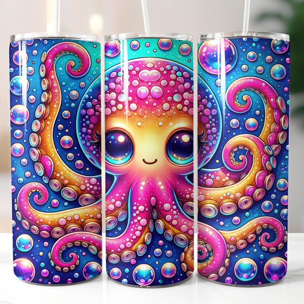 Cute Squid Octopus with Bubbles Tumbler Wrap Sublimation Design Digital Art Download Print Print PNG CU Commercial Use
