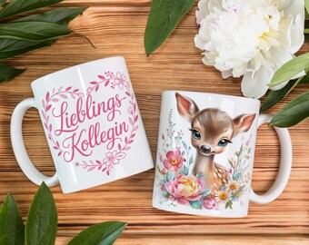 Tassendesign Lieblings-Kollegin – süßes Reh mit Blumen Kollegin Geschenk Büro 11oz Tassen Wrap Sublimation PNG