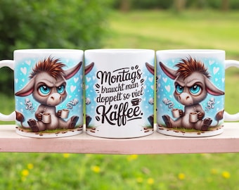 Donkey with funny coffee saying in German 11 oz Mug Wrap Sublimation Design Digital Art Download Print PNG