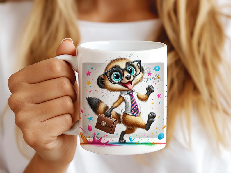 May include: White ceramic mug featuring a cartoon meerkat wearing glasses, a tie, and carrying a briefcase. The meerkat is depicted with a cheerful expression, surrounded by colorful stars and paint splatters. The mug has the text "heywebly?"