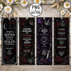 Könnte beinhalten: Vier Lesezeichen im Gothic-Stil mit weißen Quasten, die dunkle Romantik-Themen aufgreifen. Jedes Lesezeichen hat Text, Rosen und dekorative Elemente in Schwarz, Rot und Lila. Die Lesezeichen sind für Bücherliebhaber konzipiert und ca. 20 cm lang.
