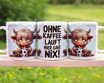 Highland cow with funny coffee saying in German 11 oz mug wrap sublimation design digital art download print PNG