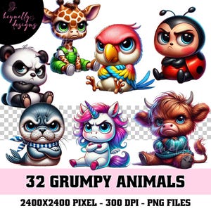 Può includere: Un set di 32 illustrazioni digitali di animali brontoloni. Gli animali sono in stile cartone animato e includono un panda, una giraffa, una coccinella, un uccello, un unicorno e una mucca delle Highlands. Le illustrazioni sono in formato PNG e hanno una risoluzione di 2400x2400 pixel a 300 DPI.