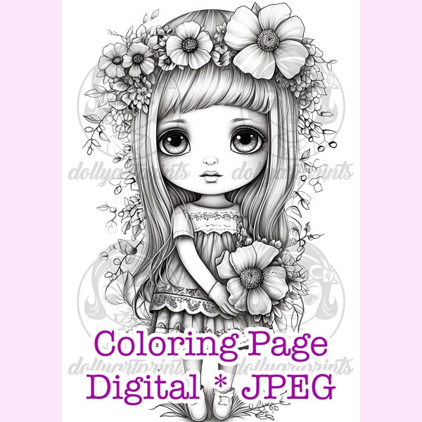 Flower Girl, Coloring Page, Digital File, Instant Download, Printable, Girl, Fairy, Elf, Doll, Blythe Doll, Coloring Book, Clipart, Printable