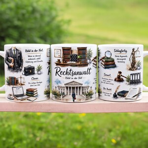 May include: Three white ceramic mugs with lawyer-themed illustrations. One mug features a person in a suit, a briefcase, and text. Another mug has a courthouse illustration and the word "Rechtsanwalt". The third mug has a gavel and a statue.