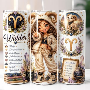 Könnte beinhalten: Ein weißer Becher mit einem Widder-Design, das eine Cartoon-Illustration eines Mädchens in einem Widder-Outfit zeigt. Der Becher enthält das Wort "Widder" und andere deutsche Texte sowie florale und kristallene Akzente.