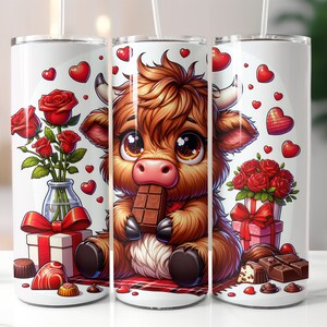 Cute Highland Cow with Chocolate Valentine's Day Tumbler Wrap Sublimation Design Digital Art Download Print Print PNG CU