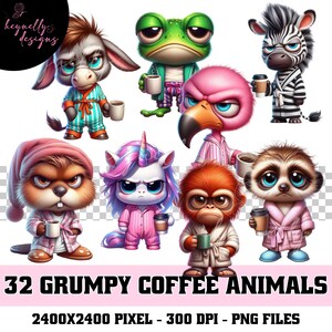 May include: Digital art featuring 32 grumpy cartoon animals, each holding a coffee cup. The animals include a donkey, frog, zebra, flamingo, beaver, unicorn, monkey, and meerkat, all in pajamas or robes. The image includes the text "32 GRUMPY COFFEE ANIMALS".