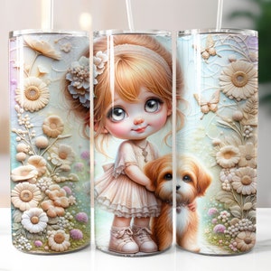 Op de afbeelding: Een roestvrijstalen tumbler met een bloemenontwerp met een jong meisje met blond haar en een puppy. Het meisje draagt een witte jurk en houdt een kleine hond vast. De achtergrond is lichtblauw met witte bloemen.