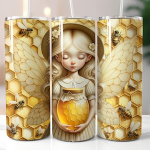 May include: A stainless steel tumbler featuring a design of a fairy with wings, holding a jar of honey. The background is a honeycomb pattern with bees.
