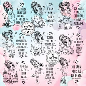 Puede incluir: Una colección digital de nueve ilustraciones de arte lineal en blanco y negro que muestran niñas en varias poses con texto motivacional en alemán, corazones y detalles florales. Incluye etiquetas de Positive Mädchen 2 y 9 PNG & SVG Designs.