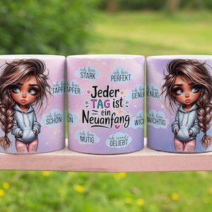 May include: Three white ceramic mugs with a cartoon girl design and inspirational text. The text on the middle mug reads "Jeder Tag ist ein Neuanfang".