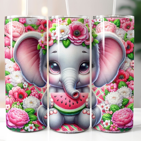 Éléphant mignon avec pastèque Tumbler Wrap Sublimation Design Digital Art Download Print Print PNG CU Utilisation commerciale