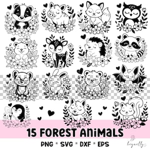 Peut inclure: Illustrations en noir et blanc de 15 animaux de la forêt, dont un blaireau, un porc, un renard, un hibou, un ours, un cerf, un hérisson, un raton laveur, une souris, un lapin, un ours, une chauve-souris, un pingouin, un renard et un écureuil. Chaque animal est entouré de fleurs et de feuilles. Le texte "15 FOREST ANIMALS" est visible.