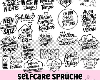 Puede incluir: Una colección de 22 diseños de arte de palabras en blanco y negro con citas motivacionales, incluyendo frases como "Self-care" e "Ich bin genug". Los diseños están en formatos de archivo PNG y SVG, con un fondo rosa y blanco.