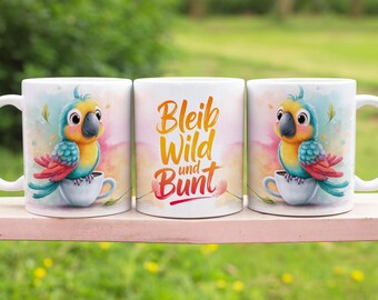 Cute parrot on coffee mug with German saying, 11 oz mug wrap, sublimation design, digital art download, print PNG