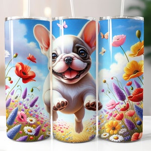 French Bulldog Frenchie on Flower Meadow 20oz Skinny Tumbler Wrap Thermal Mug Sublimation Design Digital Art Download Print PNG
