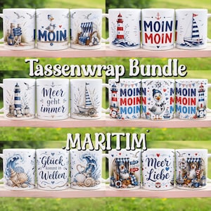 Könnte beinhalten: Eine Sammlung weißer Keramiktassen mit maritimen Motiven wie Leuchttürmen, Segelbooten, Möwen, Muscheln und Strandkörben. Die Tassen zeigen Texte wie MOIN, Meer geht immer, Glück kommt in Wellen und Meer Liebe.
