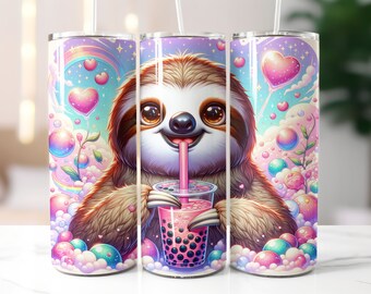 Cute Sloth with Bubble Tea 20oz Skinny Tumbler Wrap Thermal Mug Sublimation Design Digital Art Download Print PNG