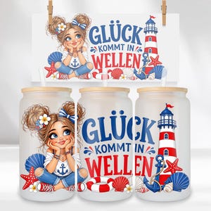La felicidad llega en olas. Lata de vidrio Libby de 16 oz. Heynelly Girls Seamless Wrap Sublimation DTF Design Digital PNG.