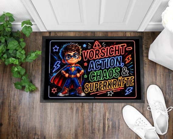 Fußmatten Design Vorsicht Action Chaos & Superkräfte Kinderzimmer Fußmatte 60x40 cm digitale Datei PNG