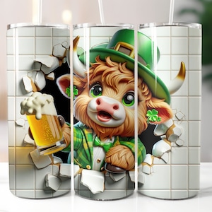 3D Highland Cow Beef Highland with Beer Cow St Patrick&#39;s Day Hole in the Wall Tumbler Wrap Sublimation Design Digital Art Download Print PNG
