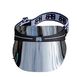May include: A silver visor with a black band and white "BFB" logo. The visor has a black elastic strap with white "BFB" lettering.