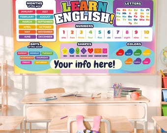 Learn English banner, Kids learning, heavy duty vinyl banner with metal grommets, Elementary, many sizes, Preschool Banner, Classroom Banner