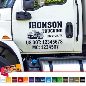 May include: A white truck door with a blue and white decal that says "JHONSON TRUCKING HOUSTON, TX" and includes a small truck graphic. The decal also includes the text "US DOT: 12345678 MC: 1234567".