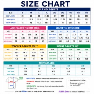 May include: A comprehensive size chart for various apparel categories including adult, youth, toddler, and infant t-shirts, plus bodysuits. The chart displays body length, width, and sleeve length measurements in inches for multiple sizes.