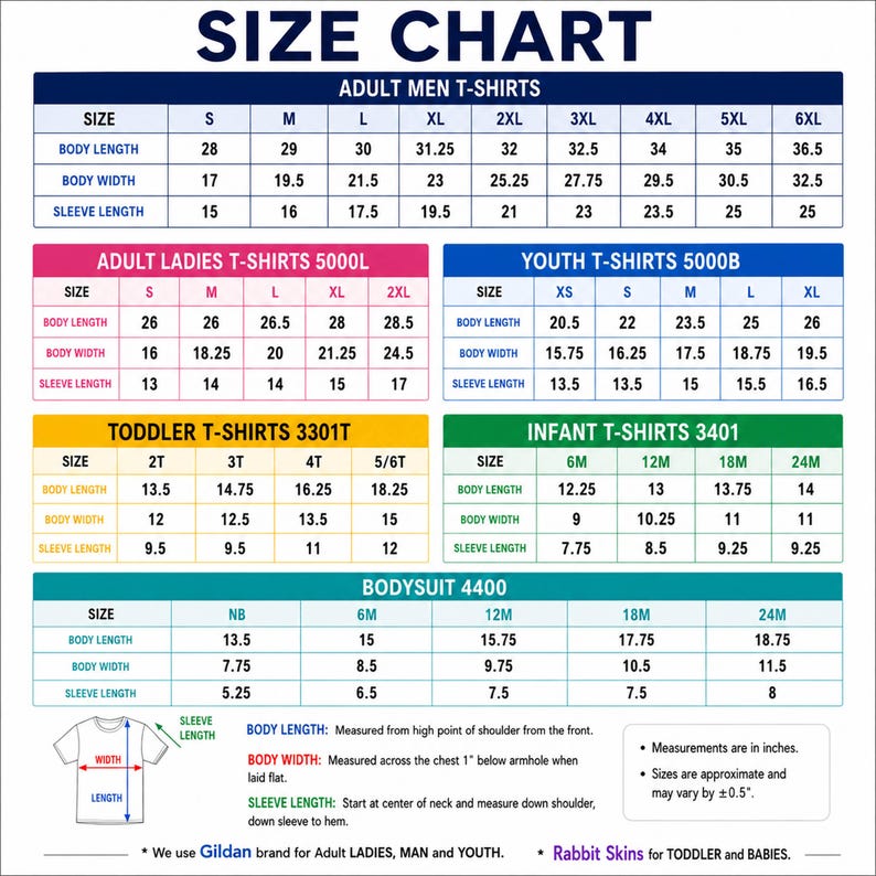 May include: A comprehensive size chart for various apparel categories including adult, youth, toddler, and infant t-shirts, plus bodysuits. The chart displays body length, width, and sleeve length measurements in inches for multiple sizes.