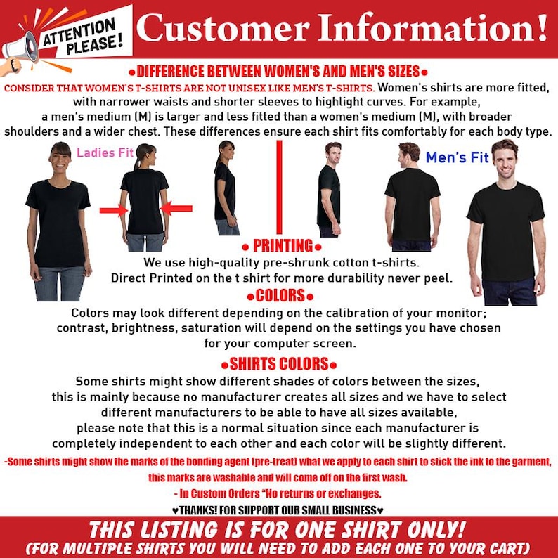 May include: An informational graphic titled Customer Information explaining t-shirt sizing differences. It features photos of individuals wearing black t-shirts, labeled Ladies Fit and Men's Fit, alongside text detailing printing, colors, and policies.