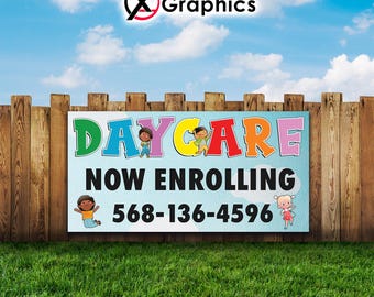 Daycare 13 oz heavy duty vinyl banner sign with metal grommets, advertising, flag, many sizes, custom banner, custom phone, Now Enrolling