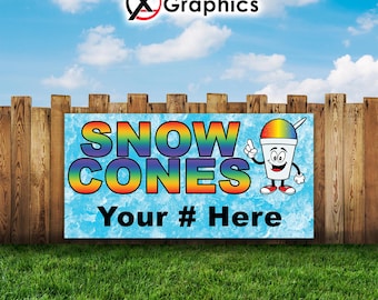 Snow cones 13 oz heavy duty vinyl banner sign with metal grommets, advertising, flag, many sizes, custom banner, custom phone, Snow Cones