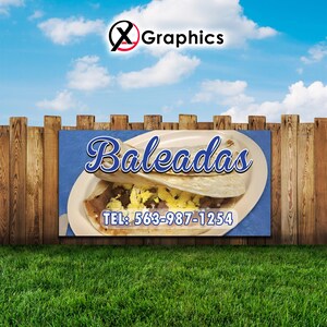 May include: A blue and white sign with the text "Baleadas" in a white cursive font. The sign also includes a photo of a plate of food with a folded tortilla, eggs, and meat. The phone number "TEL: 563-987-1254" is printed below the photo.