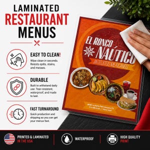May include: A laminated restaurant menu for El Ronco Nautico Antojitos Mexicanos featuring a vibrant orange and red design with images of various food dishes, drinks, and contact information, shown being wiped clean with a white cloth.