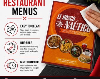 Custom Restaurant Menu Printing | Laminated Menus & Waterproof Polyester Menus | 5 Mil Gloss or 10 Mil Matte Durable Made USA
