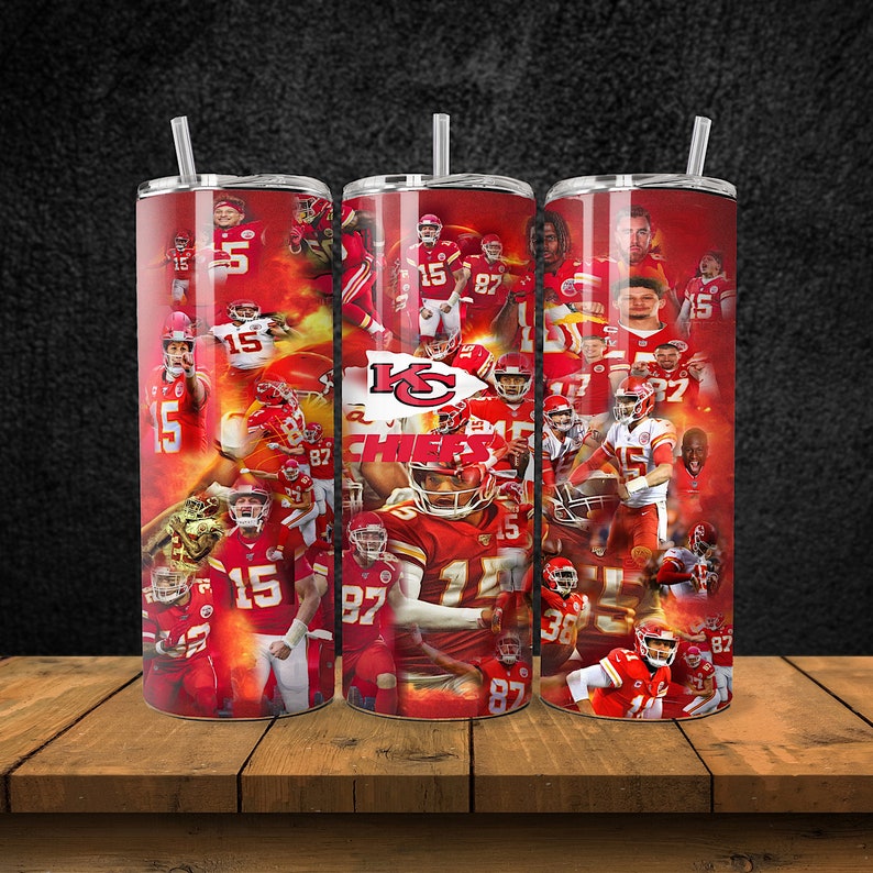 May include: Three stainless steel tumblers with a collage of Kansas City Chiefs players and logos. The tumblers are red, white, and gold with the team's logo and player numbers.
