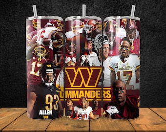 May include: A red and gold stainless steel tumbler with a collage of Washington Commanders football players. The tumbler features the team's logo and the word "Commanders".