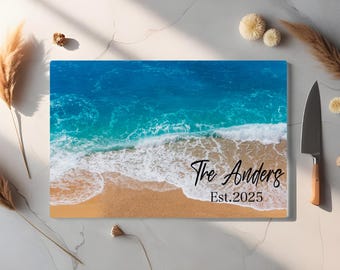 glass cutting board with custom name and date