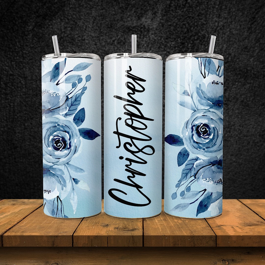 20OZ Skinny Stainless Steel Blue Flower Custom Name Tumbler Etsy