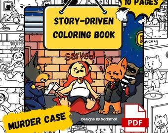 Libro para colorear de crímenes reales para adultos con una historia basada en historias / Misterio de asesinato de Detective Hollow / Arte espeluznante y acogedor / Descarga en PDF - Libro de escenas de crímenes acogedoras