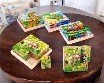 子供用木製3Dキューブジグソーパズル - 漫画パズル - クリスマスおもちゃ - お子様への誕生日プレゼント - おもちゃ面白いゲーム