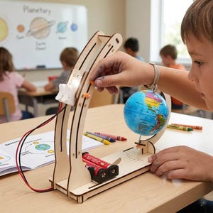 May include: A wooden educational model of the Earth and Sun, with a small globe and a light source powered by batteries. The model is being manipulated, with crayons and a diagram visible in the background. The model is likely for educational purposes.