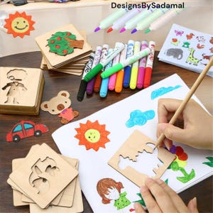 20pcs Wooden DIY Painting Stencils - Montessori Kids Drawing Toys - Template Craft Toys - Puzzle Educational Toys for Children Gifts