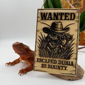 May include: A bearded dragon lizard next to a wooden sign that reads "WANTED" with an illustration of a bug wearing a cowboy hat and binoculars. The sign also says "ESCAPED DUBIA $5 BOUNTY".