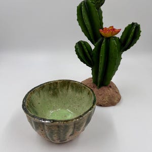 Peut inclure: Un petit bol en céramique fait à la main, avec un intérieur vert clair et un extérieur texturé et terreux. Un cactus décoratif avec une fleur rouge et jaune est en arrière-plan. Le bol est parfait pour contenir de petits objets ou comme pièce décorative.
